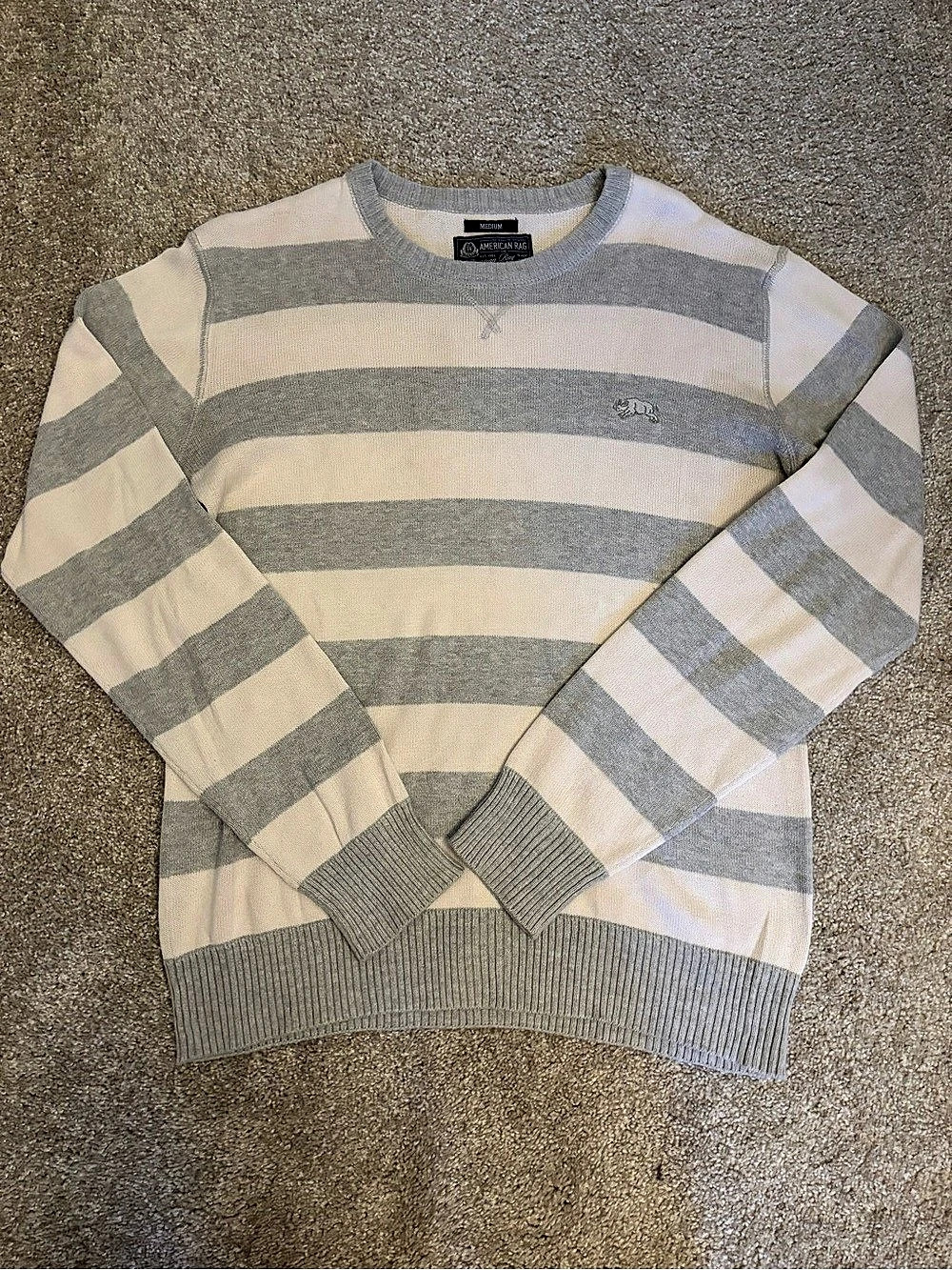 American Rag Striped Cotton Crewneck Sweater in Gray & White Size Medium